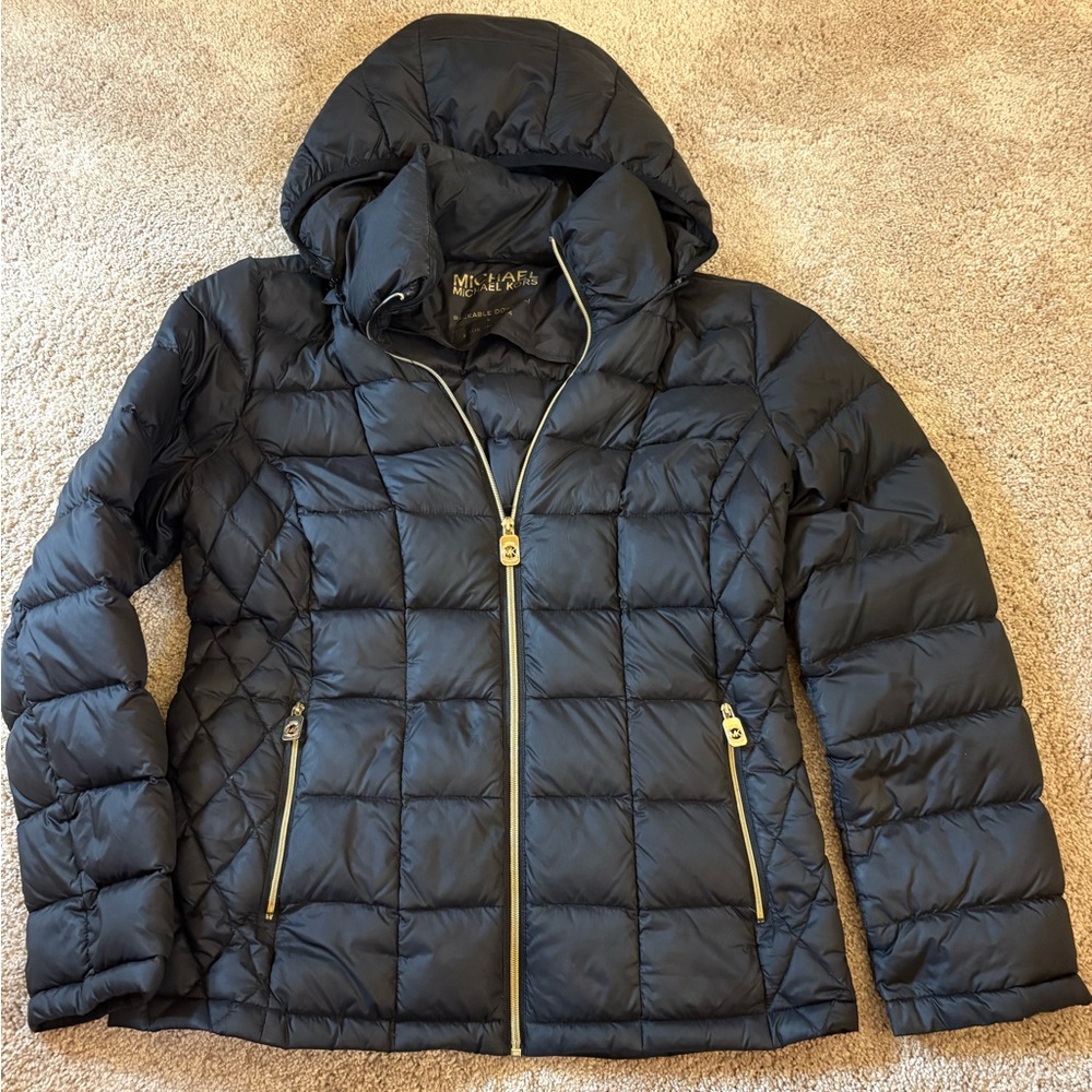 Michael Kors Black Puffer Jacket with Gold Accents